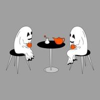 Vector illustraion on the theme of Halloween hand-drawn ghosts sit on chairs at the table and drink tea