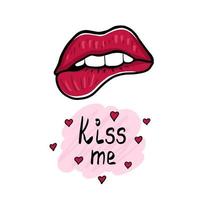 Romantic poster with hand lettering and red lips. Illustration for Valentine's day or wedding handwritten phrase Kiss Me and red lips kiss. Isolated on white background. vector