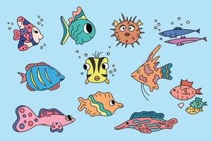 Fish doodles. Cute colorful set. Vector collection of cartoon outline sea abodes. Wild marine life in hand drawn style. Swimming fish isolated