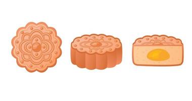 Mooncake isolated. Traditional dessert in East Asia. Chinese moon cakes set. Whole and cut in half pie with egg yolk. Vector illustration on white background.