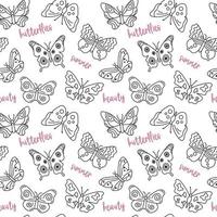 Butterflies pattern. Seamless background with doodle flying insects. Black and white print. Vector repeat illustration for designs, textile, fabric, wrapping paper