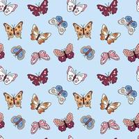 Butterflies boho pattern. Seamless background with doodle flying insects. Colorful print. Vector repeat illustration for designs, textile, fabric, wrapping paper