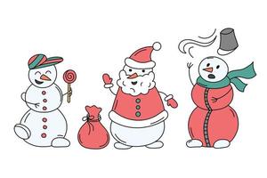 Funny snowmen set. Vector doodle colorful collection of isolated cute snowman characters. Doodle illustration for kids