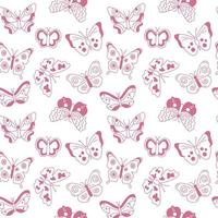 Butterflies pattern. Cute seamless background with beautiful outline flying insects. Pink and white print. Vector repeat illustration for designs, textile, fabric, wrapping paper