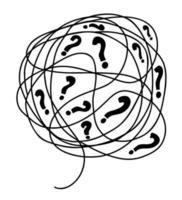 Big tangle of bubbles of confused thoughts with question marks. Vector linear drawing doodle. Psychological concept of problem solving.