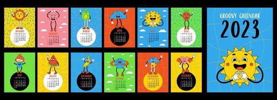 Retro calendar template 2023 with groovy style. Cartoon funny comic characters flower power, sun, heart with gloved hands and feet. Vector. Vertical set 12 pages and cover. English. Week from sunday.