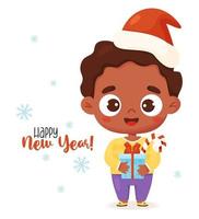 Christmas cute black ethnic boy in santa hat with gift and caramel and inscription happy New Year. Vector illustration guy in cartoon style for card design, decor, print and kids collection.