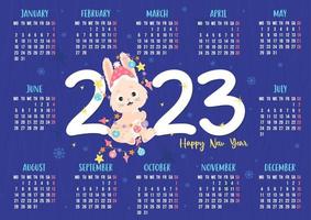 Calendar 2023 with cute rabbit in Santa hat and with New Years garland. Bunny symbol of year to eastern horoscope. Vector illustration. horizontal template for 12 months in English. Week from Monday.