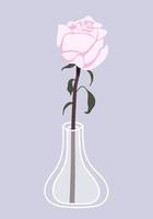 jarrón de cristal con flor de rosa en él. ilustración floral dibujada a mano. concepto de decoración del hogar. dibujo plano moderno para el diseño de logotipos, patrones, web y aplicaciones. vector