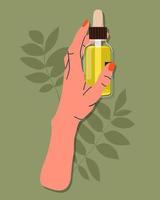 Gua sha face oil for beauty procedure. Female hand holding beauty product. Skin care concept. Daily skin care routine and hygiene concept. Flat vector illustration.