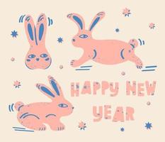 New year 2023 illustration with colorful pastel rabbits and text. Trendy vector print design, animal lettering typography poster.
