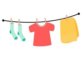 Flat clothesline with towel, tshirt and socks. vector