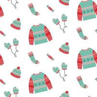 Seamless christmas pattern with gloves, socks, hats, sweaters and candys on white background. vector