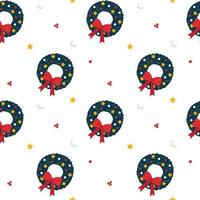 Seamless christmas pattern with christmas wreath, stars and berries on white background. vector