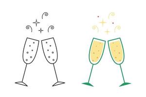 Glasses of champagne. Hand drawn sketch doodle style. Holiday vector illustration. Isolated outline icon for Christmas, birthday, wedding.