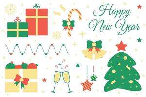 conjunto de elementos de feliz año nuevo. ilustración vectorial de adornos navideños y objetos. diseño de texto de vacaciones. vector