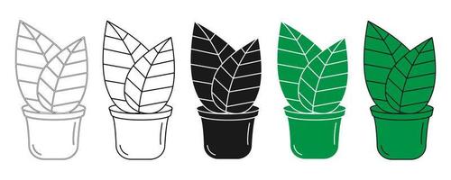 Plants in flower pot. Isolated vector illustration of houseplant. Line icons and color drawing. Doodle style.