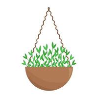 Plant in hanging pot. Vector illustration of houseplant. Hanging flower pot for home interior, garden and outside.