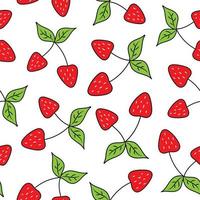 Seamless pattern with red berries. Vector illustration of strawberry and twig with leaves. Summer print of hand drawn strawberries.