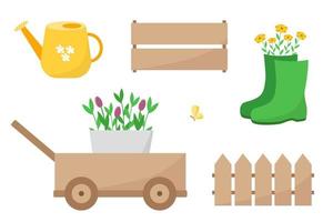 Garden set with wheelbarrow, rubber boots, watering can, wooden box and fence. Vector illustration of garden inventory with flowers.