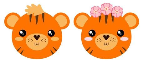 Baby tigers boy and girl. Vector illustration of the faces of cute baby animals. Design for children's print.