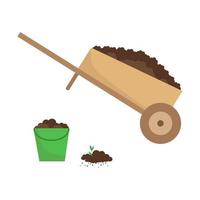 Wooden garden cart with soil. Vector illustration. Garden composition with wheelbarrow, bucket and ground.
