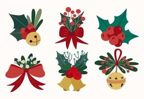 conjunto de decoración navideña. ramos de invierno con campanas doradas, lazos rojos, hojas de acebo y bayas. vector