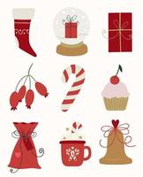 conjunto de vacaciones de navidad. campana de oro, bayas rojas, caja de regalo, cupcake de cereza, bola de nieve, piruleta, bolsa de regalo, taza de cacao y calcetín de regalo. linda decoración de vacaciones de invierno. vector