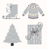 Vintage winter holiday set. Cute ice skate, warm knitted sweater, Christmas tree and beautiful gift box.