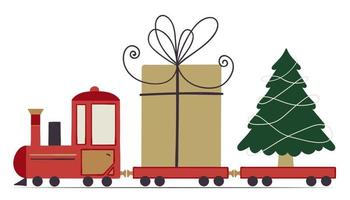 el tren de juguete rojo lleva una caja de regalo de navidad y un árbol. vector