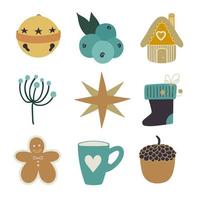 Christmas holiday set. Golden sleigh bell, gingerbread house, gingerbread man, winter flower, star, sock, gift, boot, acorn and cute cup. vector