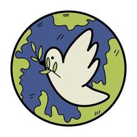 Icon of a white dove over the planet, symbol of peace. Hand drawn doodle vector illustration