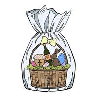 Holiday basket for Easter in a transparent wrapper. Chocolate rabbit, bunny, hare. Easter eggs, Easter cakes. Hand drawn doodle illustration vector
