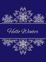 Hello winter. Winter white snowflakes on blue background. vector
