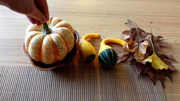 Herbstkürbis und Blätter, dekorativer Tisch video
