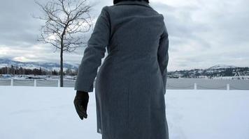 dama caminando hacia el lago nevado, invierno en canadá video