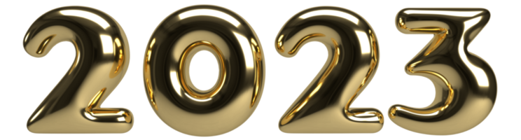 números de ouro 2023 em estilo elegante com reflexão. sinal 3d realista. símbolo de evento de ano novo. renderização 3D png