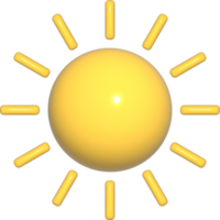 3D-sonnengelbes Symbol. Element des Wetters 3d lokalisiert auf einem weißen Hintergrund. klimakonzept - flauschige wolke aus weicher baumwollkarikatur. plastikformen illustration machen. png