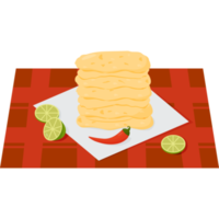 Large stack of mexican  tortillas with hot peppers and lime slices png