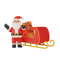 3d renderen van de kerstman houding in voorkant van een slee gevulde met cadeaus png