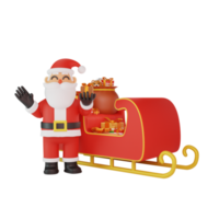 Representación 3d de la pose de santa frente a un trineo lleno de regalos png