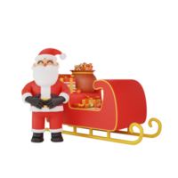 renderização 3D da pose de Papai Noel na frente de um trenó cheio de presentes png