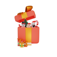 3d rendering of santa appearing in a big box with snowman png