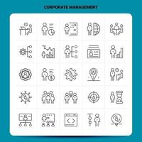 esquema 25 conjunto de iconos de gestión corporativa. conjunto de iconos negros de diseño de estilo de línea vectorial. paquete de pictogramas lineales. ilustración vectorial de diseño de ideas de negocios web y móviles. vector