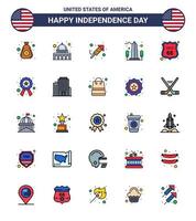 USA Independence Day Flat Filled Line Set of 25 USA Pictograms of security usa fire work sight landmark Editable USA Day Vector Design Elements