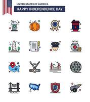 Modern Set of 16 Flat Filled Lines and symbols on USA Independence Day such as sight landmark independece usa drink Editable USA Day Vector Design Elements