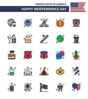 Set of 25 Modern Flat Filled Lines pack on USA Independence Day drink protection tent american pumpkin Editable USA Day Vector Design Elements