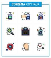 Coronavirus Prevention Set Icons 9 Filled Line Flat Color icon such as building security cream protection bacteria viral coronavirus 2019nov disease Vector Design Elements