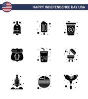 Modern Set of 9 Solid Glyphs and symbols on USA Independence Day such as cola drink drink glass american Editable USA Day Vector Design Elements