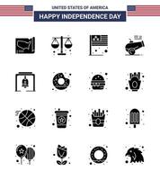 Solid Glyph Pack of 16 USA Independence Day Symbols of bell mortar day howitzer big gun Editable USA Day Vector Design Elements